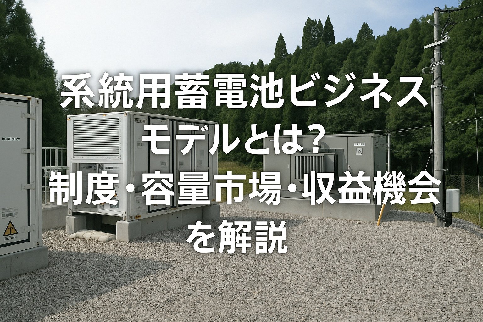 系統用蓄電池ビジネスモデルとは何かを解説する画像。制度や容量市場、収益機会に関する情報がテキストで表示されており、背景にはコンテナ型の蓄電池設備と配電設備が映る。