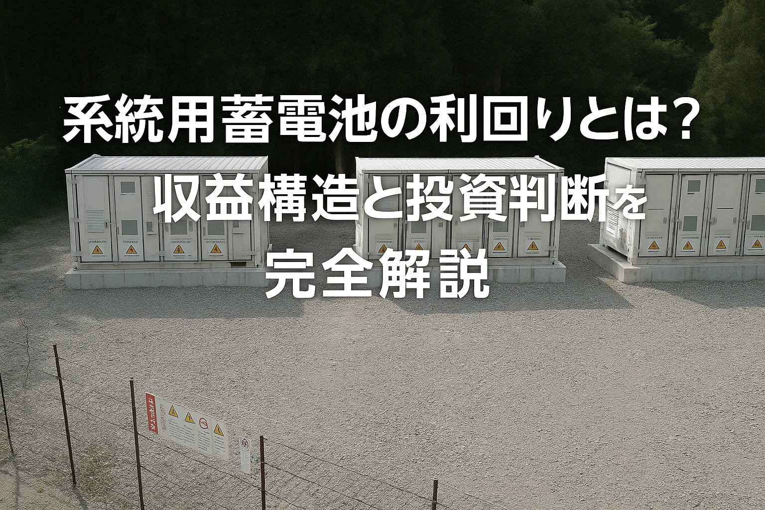 系統用蓄電池設備の全景とともに、「系統用蓄電池の利回りとは？収益構造と投資判断を完全解説」と記載された解説用サムネイル画像。森林を背景に、白い蓄電池ユニットが整然と設置されている。