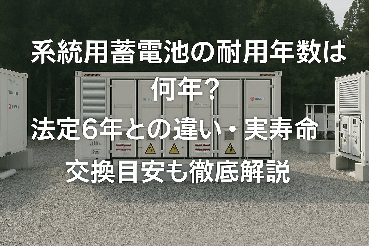 系統用蓄電池設備の設置現場に重ねて、「系統用蓄電池の耐用年数は何年？法定6年との違い・実寿命・交換目安も徹底解説」